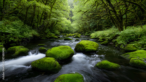 Serene River Flowing Through Mossy Rocks in Lush Green Forest