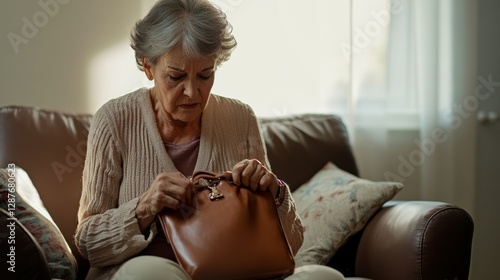 Dementia symptoms in a senior woman misplacing her purse. Featuring confusion and forgetfulness
