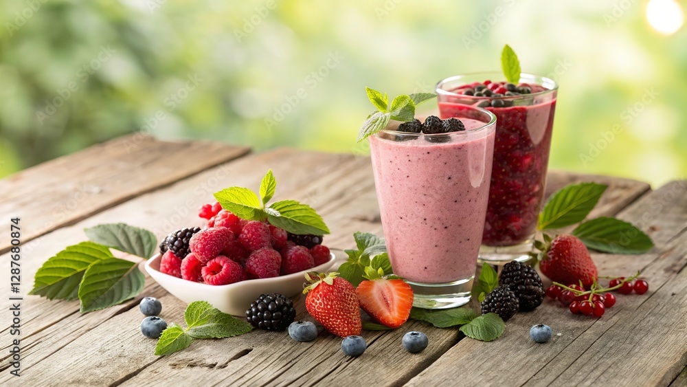Two berry smoothies with strawberries, raspberries, blueberries, and blackberries on a rustic wooden background. Two berry smoothies with strawberries, raspberries, blueberries, and blackberries on a rustic wooden background.