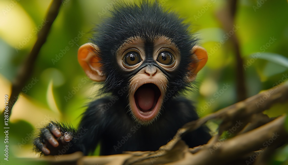 Obraz premium Baby chimp surprise in jungle canopy