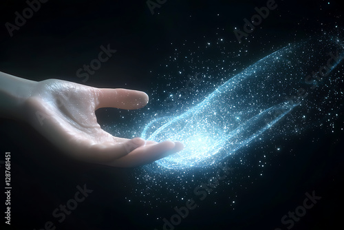 Magical Hand Touching a Stream of Energy in a Dark Futuristic Background