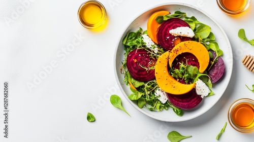 Wallpaper Mural Autumn-inspired salad plate featuring roasted beets, pumpkin slices, goat cheese, honey glaze, decorated with microgreens, cozy indoor light Torontodigital.ca