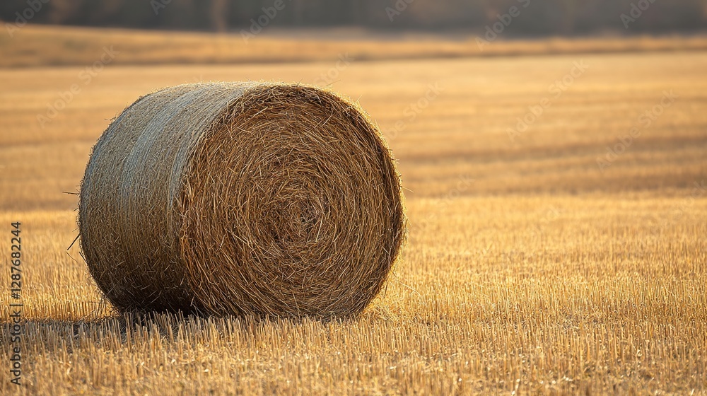 A round bale of hay in the middle of an empty field, with dry grass around it. A round bale of hay in the middle of an empty field, with dry grass around it.