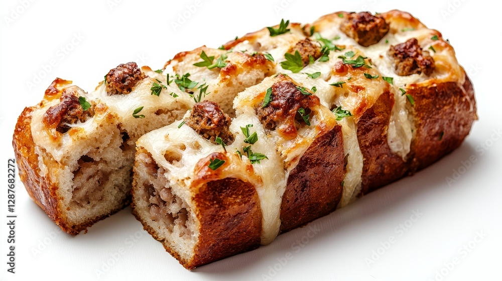 baked stuffing loaf with crispy top, rustic style, cut slices showing texture, detailed render, isolated on white background