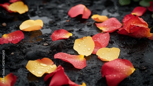 76.A striking arrangement of freshly fallen red-yellow rose petals scattered on dark, moist earth, with glistening dew drops catching the light in a serene outdoor setting.