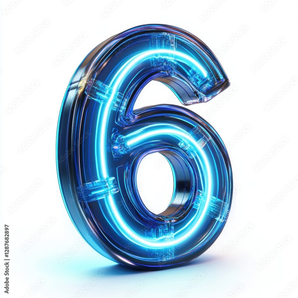 Number 6 made of futuristic LED neon tubes with glowing electric blue color and high-tech reflections isolated on a clean white background Number 6 made of futuristic LED neon tubes with glowing electric blue color and high-tech reflections isolated on a clean white background