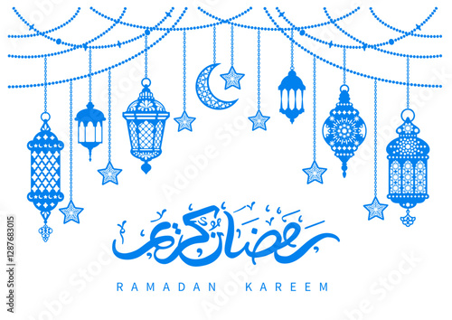 Ramadan Kareem greeting card with eastern holiday decorations, garland with hanging arabic lanterns, crescents, stars. Arabic calligraphy means Ramadan Kareem. Vector illustration