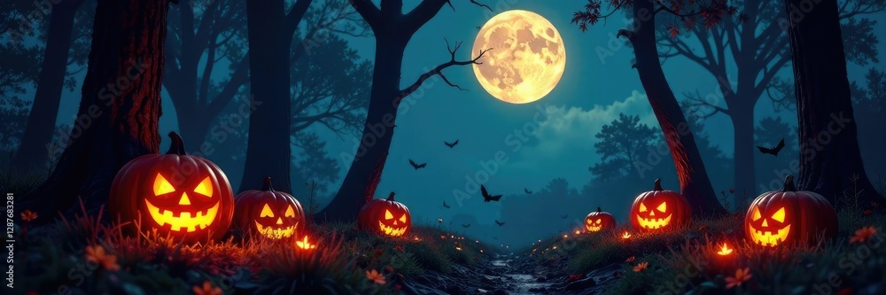 full moon and glowing jack o lanterns in a forest, night, spooky full moon and glowing jack o lanterns in a forest, night, spooky