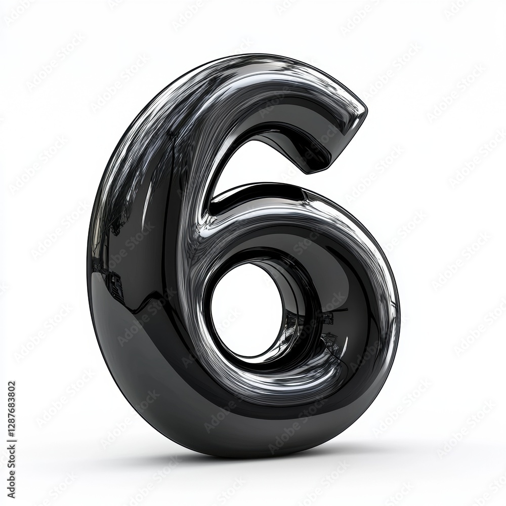 Number 6 made of glossy black obsidian with deep mirror-like reflections and sharp edges isolated on a clean white background Number 6 made of glossy black obsidian with deep mirror-like reflections and sharp edges isolated on a clean white background