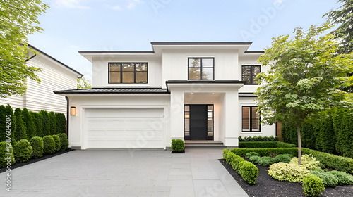Modern White Two Story House with Black Accents and Landscaped Yard