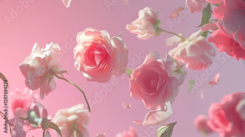 Fototapeta Naklejka Na Ścianę i Meble -  91.Beautiful tender roses flying on pink background: