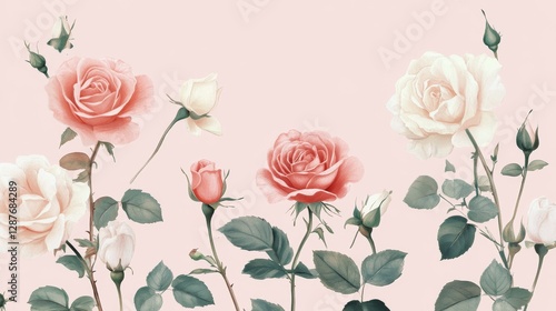 91.Beautiful tender roses flying on pink background: