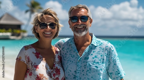 Cinematic photograph of an attractive middle-aged couple on vacation, posing for the camera and smiling while wearing sunglasses.