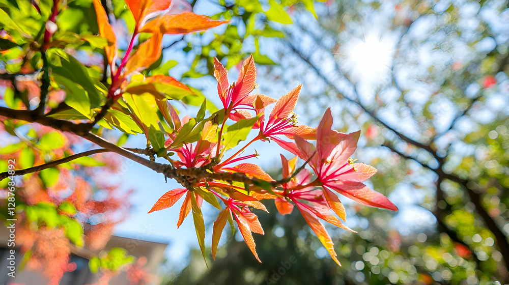 Closeup of Vibrant Red and Orange Leaves on a Branch Closeup of Vibrant Red and Orange Leaves on a Branch