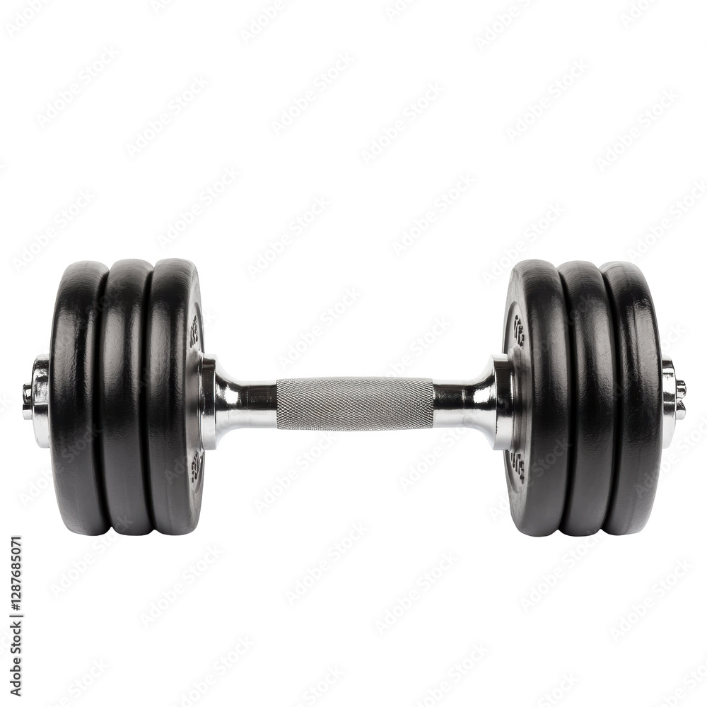 Heavy metal dumbbell with black plates and textured handle on white background Heavy metal dumbbell with black plates and textured handle on white background