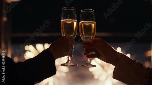 Champagne Toast Amidst Sparkling Fireworks Display