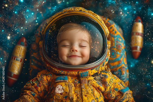 Adorable Smiling Baby Astronaut Floating in a Starry Space, Whimsical Galaxy Theme