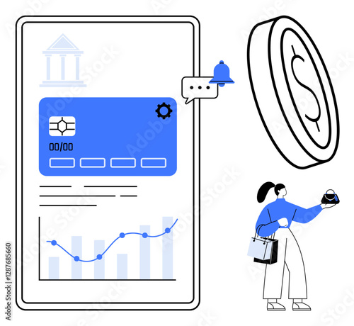 Mobile banking app interface on smartphone screen with card details, notifications, and analytics chart. Woman holding a purse and shopping bags next to a coin symbol. Ideal for digital finance