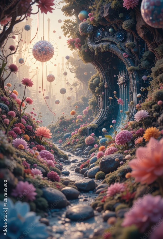 Obraz premium Serene Stream Flows Through a Magical Flower Garden Past Futuristic Architecture