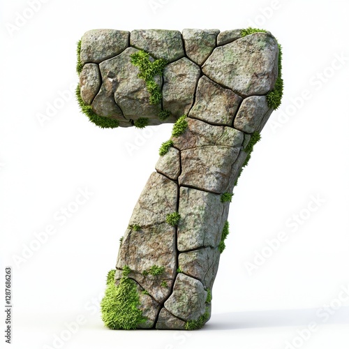 Number 7 made of ancient stone with cracks, moss growth, and rough timeworn texture isolated on a clean white background
