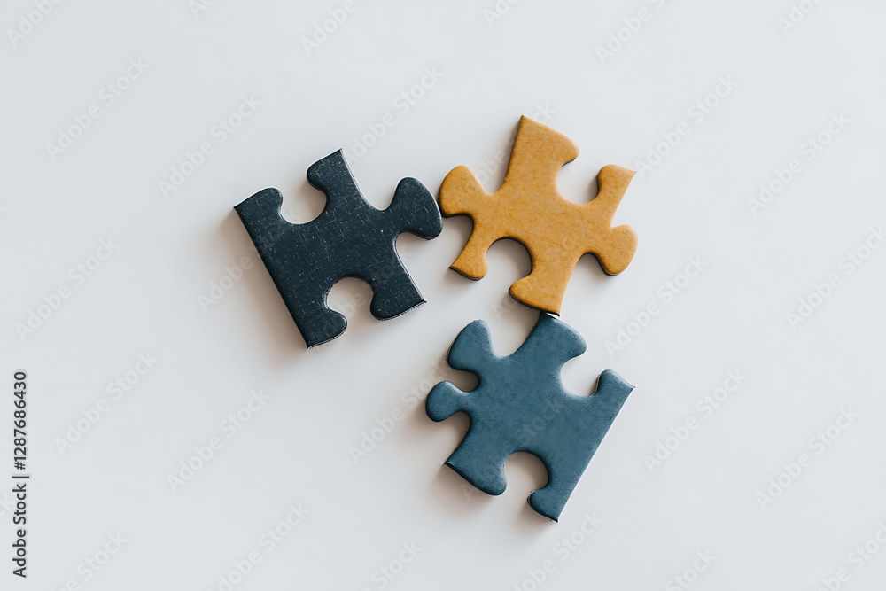 Three puzzle pieces in blue and yellow on a white surface, symbolizing teamwork and problem-solving Three puzzle pieces in blue and yellow on a white surface, symbolizing teamwork and problem-solving