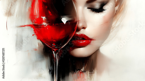 Close-up of a woman with red lips holding a wine glass, abstract painting in warm tones