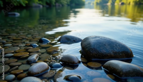 River rocks and pebbles on the calm Elbe water, waves, stones, calm