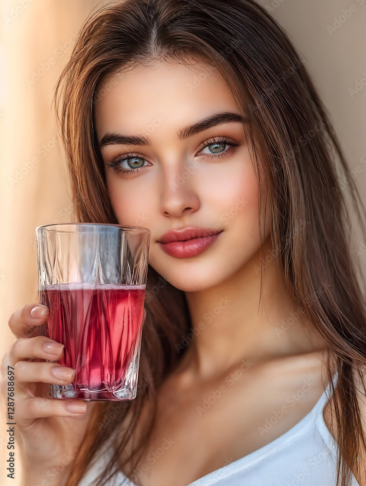 Gorgeous Woman Holding a Glass of Pink Juice, Looking into the Camera Gorgeous Woman Holding a Glass of Pink Juice, Looking into the Camera