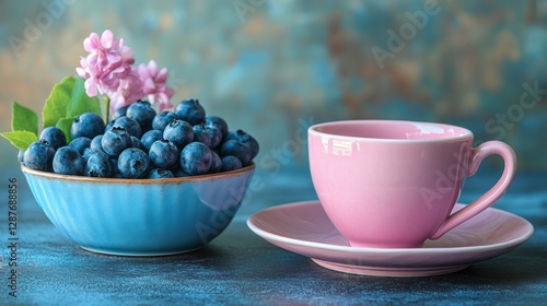 Blue Bowl of Blueberries with Pink Teacup and Lilac Flowers