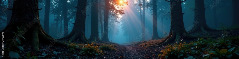 Fototapeta premium Soft luminescence casting an eerie glow on forest features, glow, forest