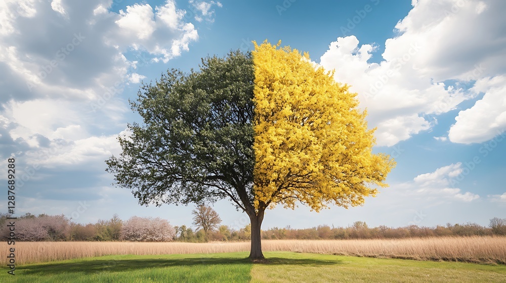 Half green, half yellow tree in a field under a blue sky. Half green, half yellow tree in a field under a blue sky.