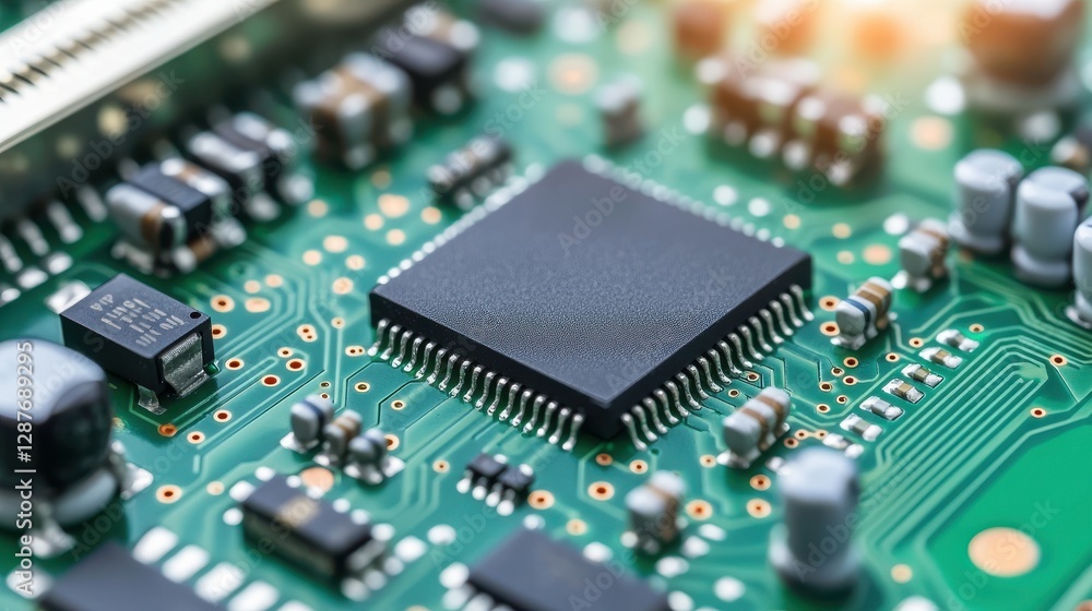 Close-up of Microchip on Green Circuit Board with Electronic Components Close-up of Microchip on Green Circuit Board with Electronic Components