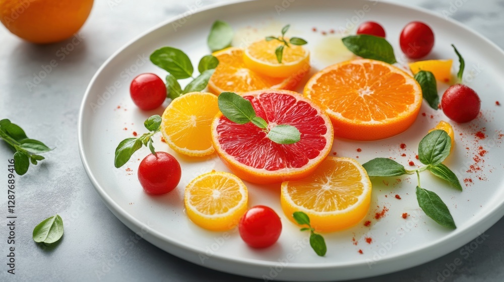 Colorful Citrus Fruit Salad with Tomatoes and Mint on White Plate Colorful Citrus Fruit Salad with Tomatoes and Mint on White Plate
