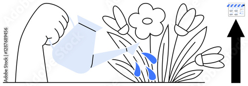 Hand holding a watering can, hydrating flowers with droplets, nearby growth arrow, and planning document. Ideal for growth, nurturing, care, planning success development progress. Abstract line