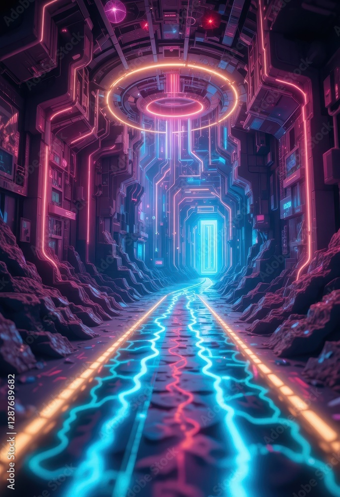 Futuristic Neon Road Leading to Bright Portal Glowing Cyberpunk Cityscape Digital Art Illustration Futuristic Neon Road Leading to Bright Portal Glowing Cyberpunk Cityscape Digital Art Illustration
