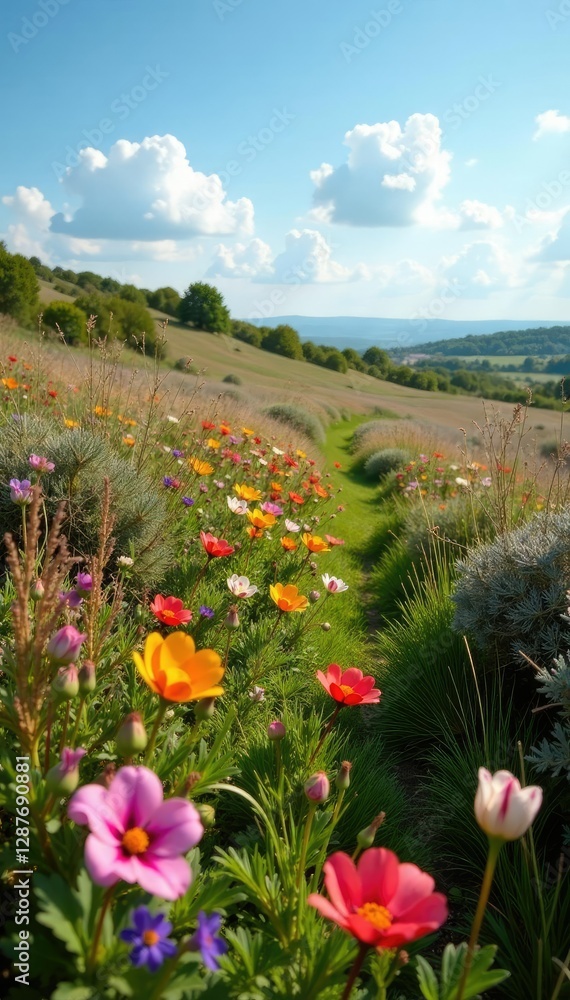 Obraz premium Upland heath with colorful blooms amidst grasses and shrubs, blooms, shrubs