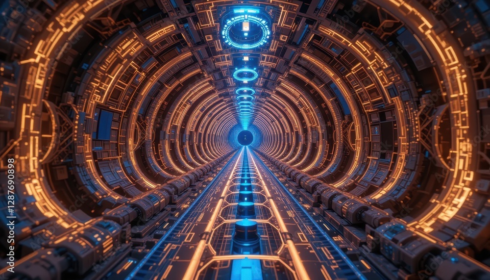 Obraz premium Futuristic Sci Fi Tunnel Corridor with Orange and Blue Neon Lights Digital Art Abstract Technology Background