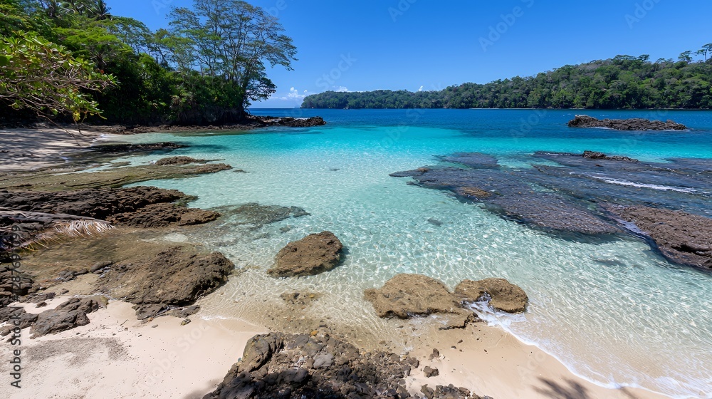 Obraz premium Tropical Beach Scene with Clear Turquoise Water and Rocky Shore