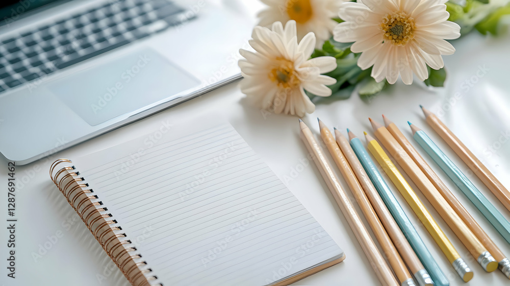 Laptop, notebook, pencils, flowers, desk, work Laptop, notebook, pencils, flowers, desk, work