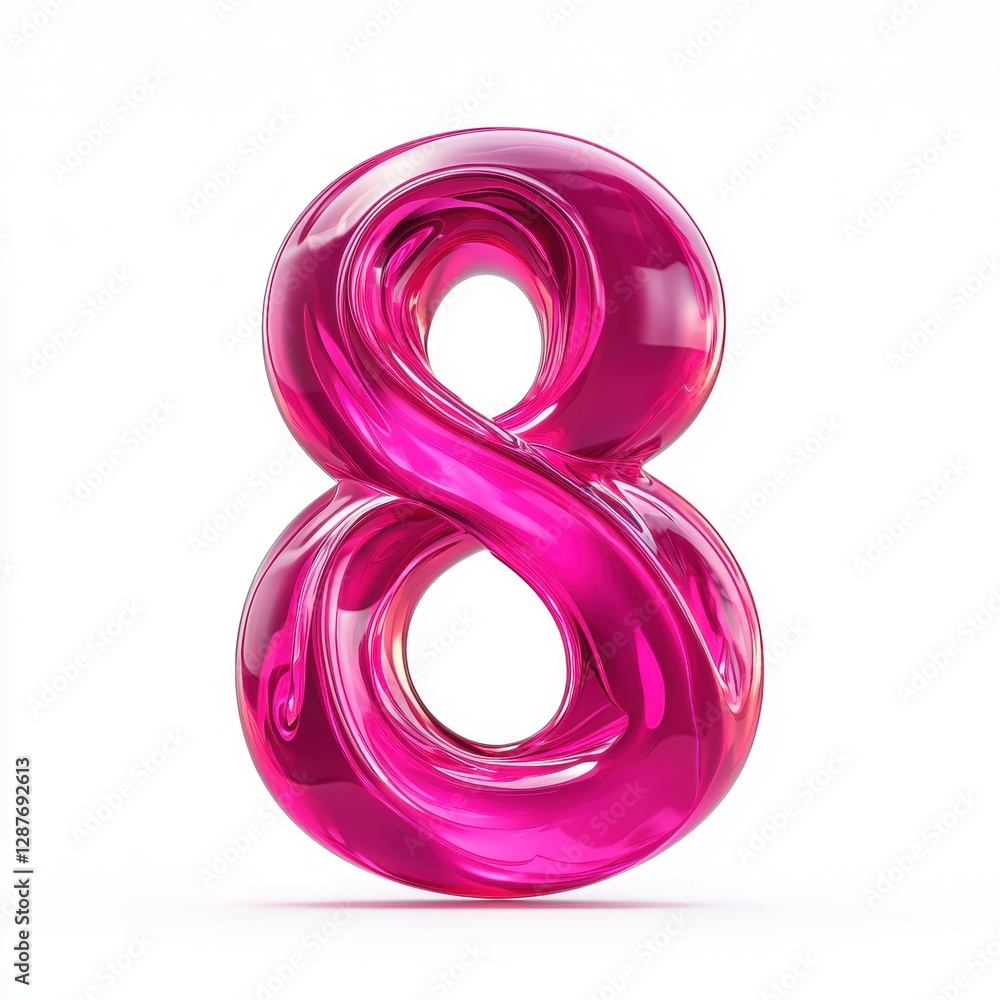 Number 8 made of vibrant neon pink liquid with swirling motion and glossy reflections isolated on a clean white background Number 8 made of vibrant neon pink liquid with swirling motion and glossy reflections isolated on a clean white background