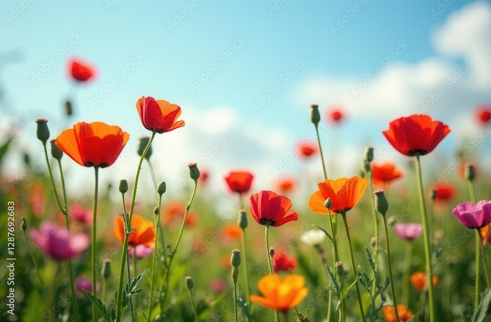 Naklejka premium colorful flowers red poppies on the rural field. summer nature background at sunset