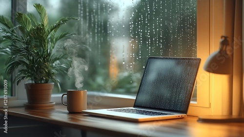 A cozy workspace on a rainy day, laptop open on a wooden desk next to a window covered in raindrops, a steaming coffee cup beside it, soft diffused light entering, warm ambiance, ultra-realistic,
