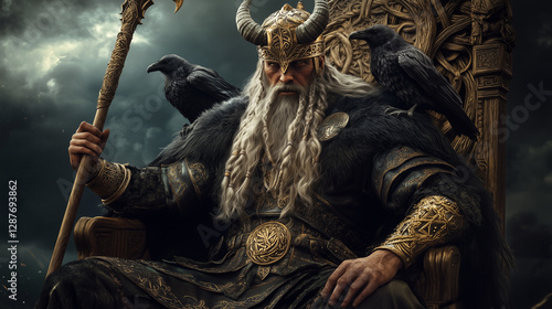The powerful Scandinavian god Odin with a long gray beard and a horned helmet, sitting on a large wooden throne with Gungnir in his hands, crows (Huginn and Muninn) sitting on his shoulders