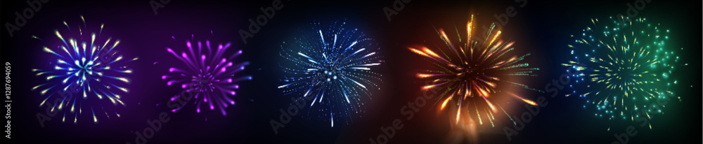 Fototapeta premium Colorful firework set with bright multicolored bursts explosive effects on dark night sky background. Illuminated pyrotechnic firecrackers with radiant sparkling pattern for festive celebration design