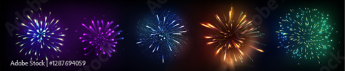 Colorful firework set with bright multicolored bursts explosive effects on dark night sky background. Illuminated pyrotechnic firecrackers with radiant sparkling pattern for festive celebration design