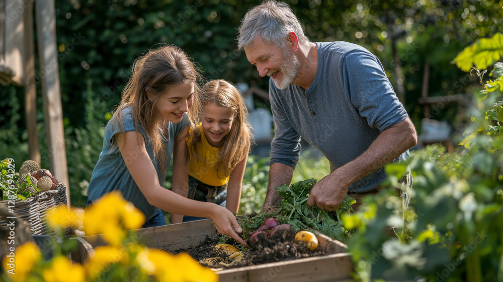 A smiling senior couple enjoys a summer picnic while picking mushrooms together in the garden A smiling senior couple enjoys a summer picnic while picking mushrooms together in the garden