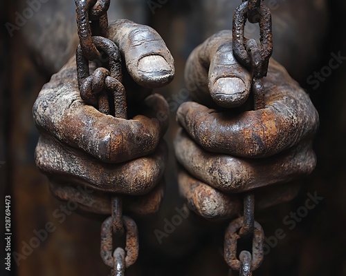 Close-up of rusty chains held by weathered hands.