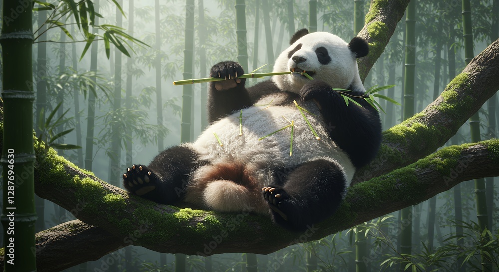 Obraz premium Panda is peacefully perched in a tree while eating bamboo