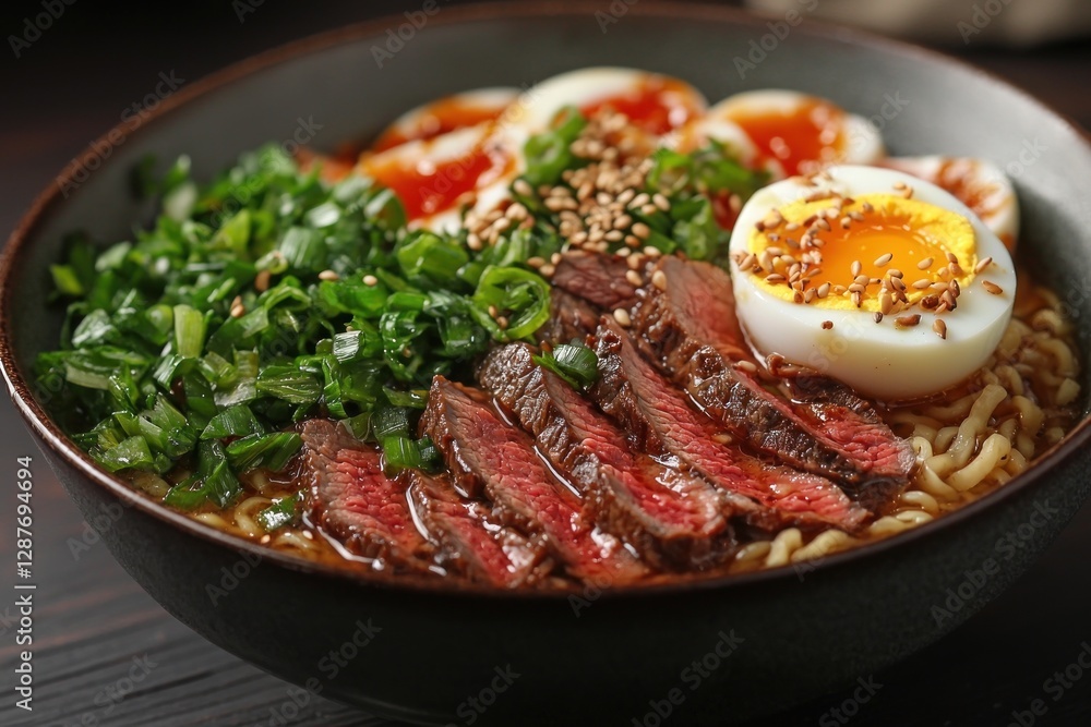 Steak ramen bowl with boiled eggs, green onions on top, for food recipe post Steak ramen bowl with boiled eggs, green onions on top, for food recipe post