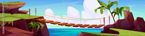 Hanging wooden bridge between rocky cliffs over tropical lagoon. Suspended pathway with palm trees, blue ocean water, green grass patches on brown rocks. Adventure summer landscape panorama.